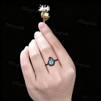 Hexagon Blue Labradorite Snake Ring Gothic Black Gold Ouroboros Engagement Ring Serpent's Embrace Natural Blue Gemstone Wedding Ring Gift