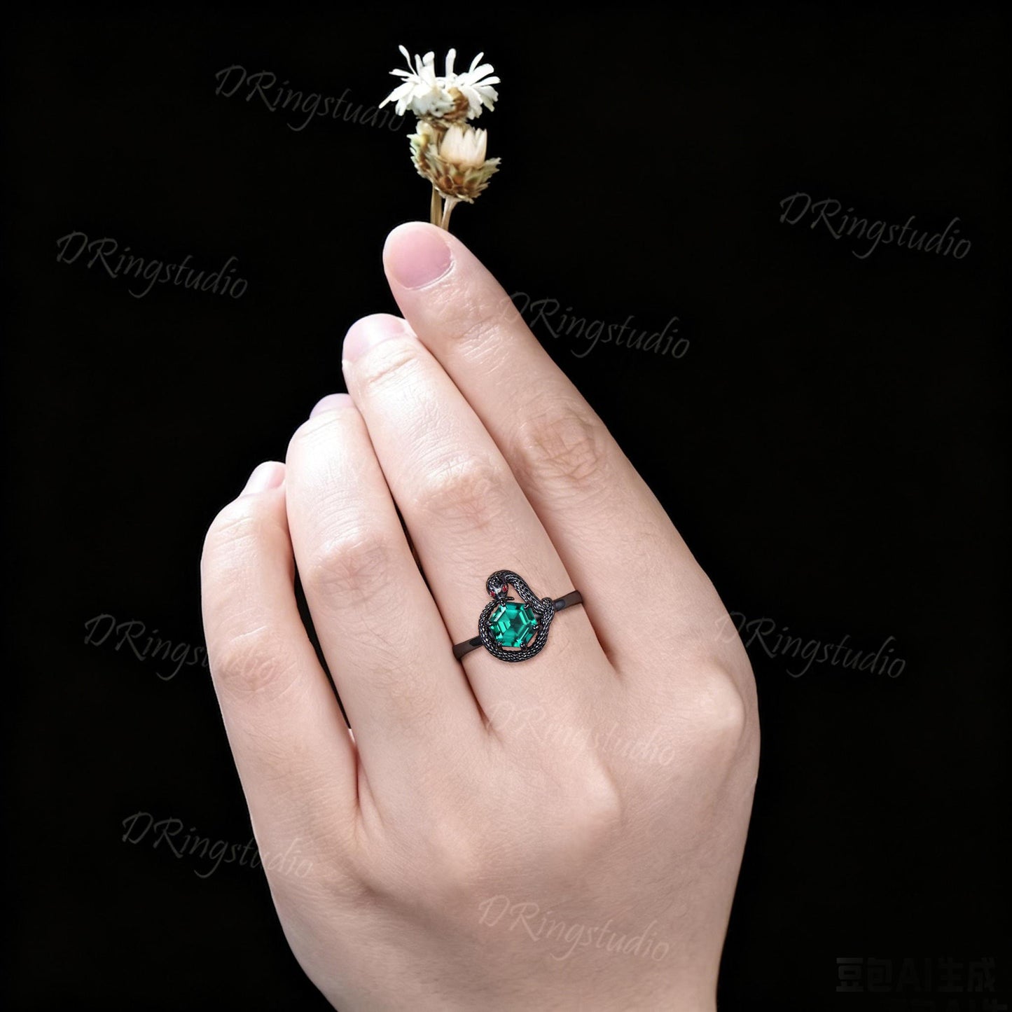 Nature Inspired Emerald Snake Wedding Ring 14K Rose Gold Ruby Eyes Serpent Engagement Ring Hexagon Green Gemstone Ouroboros Ring For Her