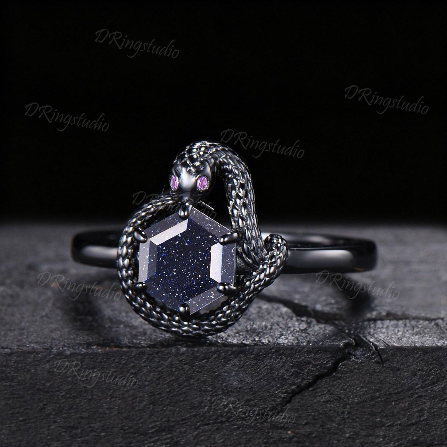 Black Gold Hexagon Blue Sandstone Snake Ring Snake Eating Tail Ouroboros Bridal Ring Galaxy Blue Goldstone Amethyst Witchy Ring Promise Gift