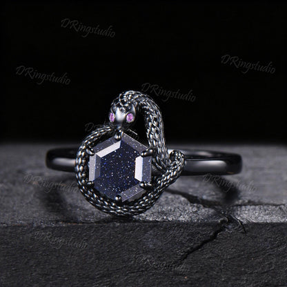 Black Gold Hexagon Blue Sandstone Snake Ring Snake Eating Tail Ouroboros Bridal Ring Galaxy Blue Goldstone Amethyst Witchy Ring Promise Gift