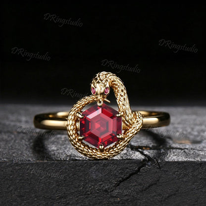 Unique Hexagon Cut Ruby Engagement Ring Ouroboros Golden Snake Ring Nature Inspired Red Ruby Wedding Ring Statement Jewelry Women's Gift