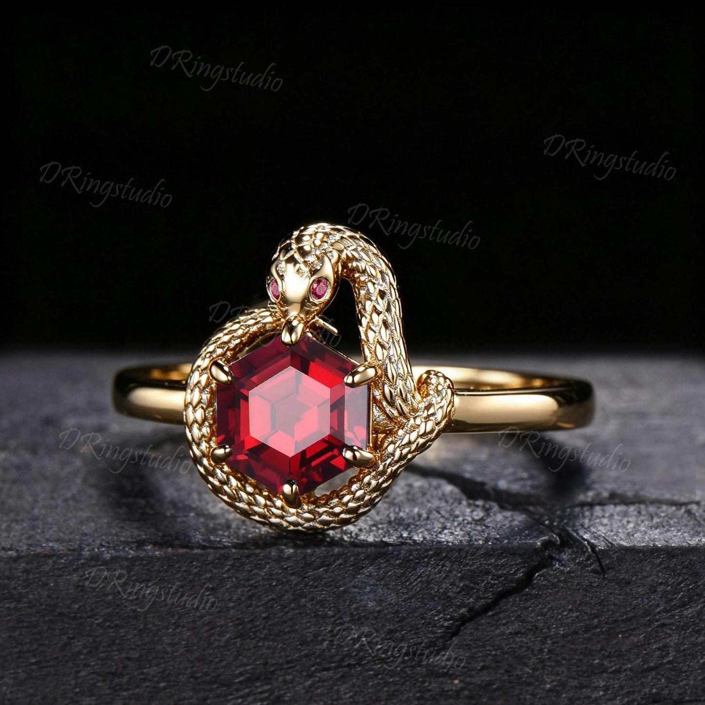 Unique Hexagon Cut Ruby Engagement Ring Ouroboros Golden Snake Ring Nature Inspired Red Ruby Wedding Ring Statement Jewelry Women's Gift