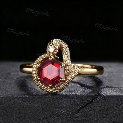 Unique Hexagon Cut Ruby Engagement Ring Ouroboros Golden Snake Ring Nature Inspired Red Ruby Wedding Ring Statement Jewelry Women's Gift