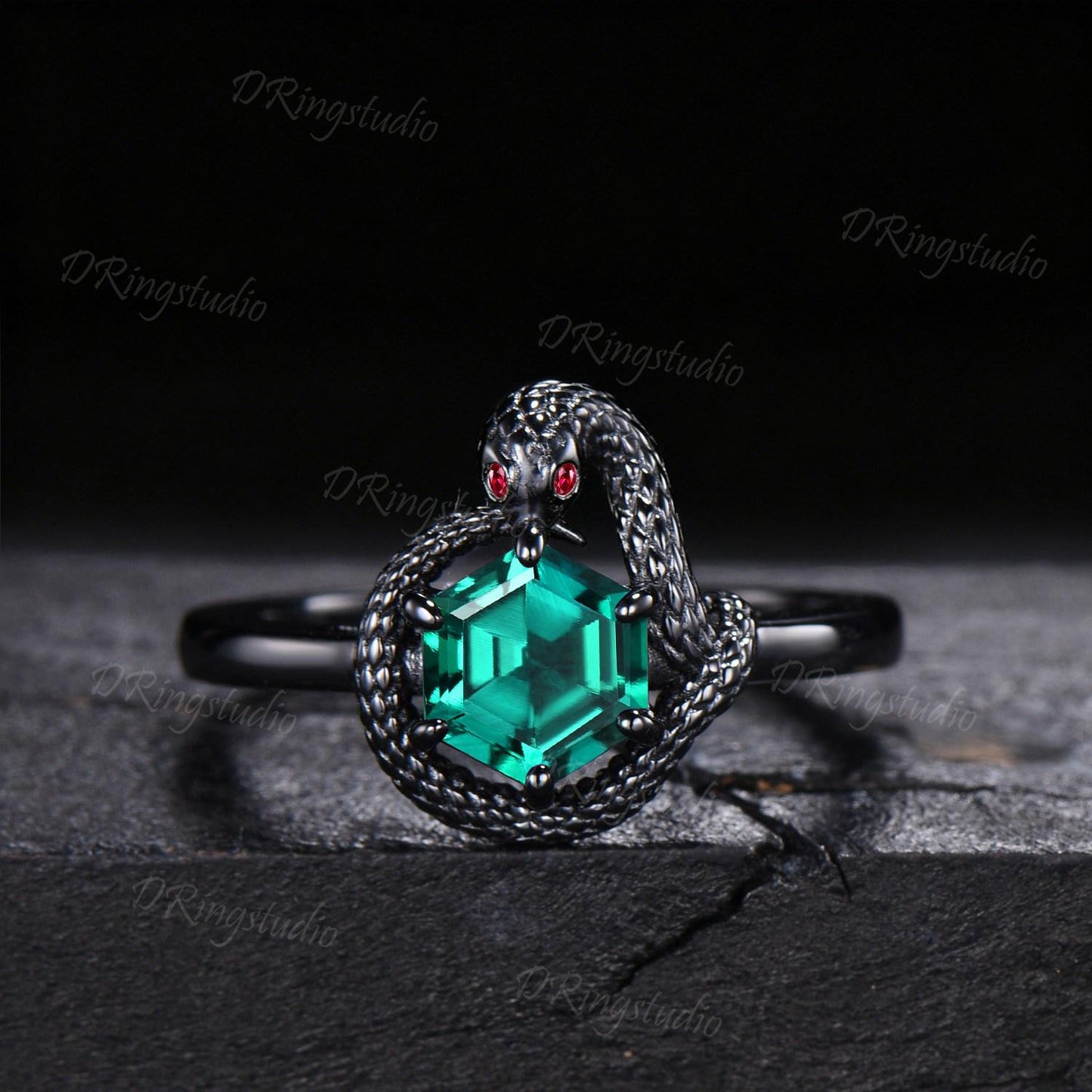 Nature Inspired Emerald Snake Wedding Ring 14K Rose Gold Ruby Eyes Serpent Engagement Ring Hexagon Green Gemstone Ouroboros Ring For Her