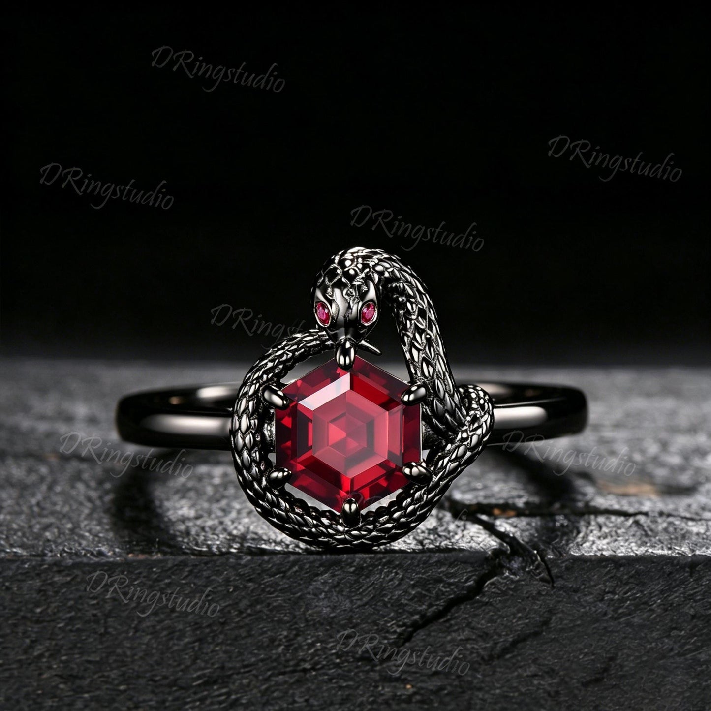 Unique Hexagon Cut Ruby Engagement Ring Ouroboros Golden Snake Ring Nature Inspired Red Ruby Wedding Ring Statement Jewelry Women's Gift