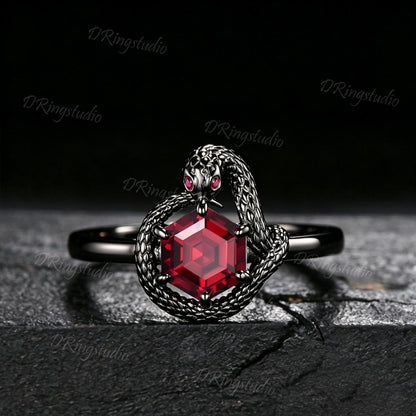 Unique Hexagon Cut Ruby Engagement Ring Ouroboros Golden Snake Ring Nature Inspired Red Ruby Wedding Ring Statement Jewelry Women's Gift