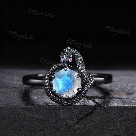 Hexagon Blue Labradorite Snake Ring Gothic Black Gold Ouroboros Engagement Ring Serpent's Embrace Natural Blue Gemstone Wedding Ring Gift