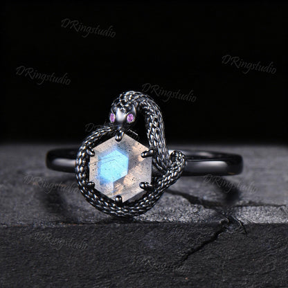 Hexagon Blue Labradorite Snake Ring Gothic Black Gold Ouroboros Engagement Ring Serpent's Embrace Natural Blue Gemstone Wedding Ring Gift