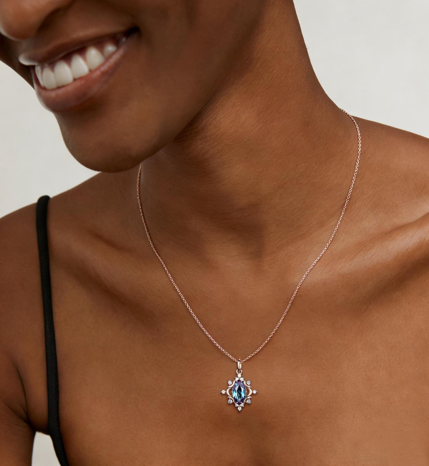 Celestial Moon Marquise Color-Change Alexandrite Necklace Halo Moissanite Rose Gold Wedding Necklace June Birthstone Pendant Promise Gift