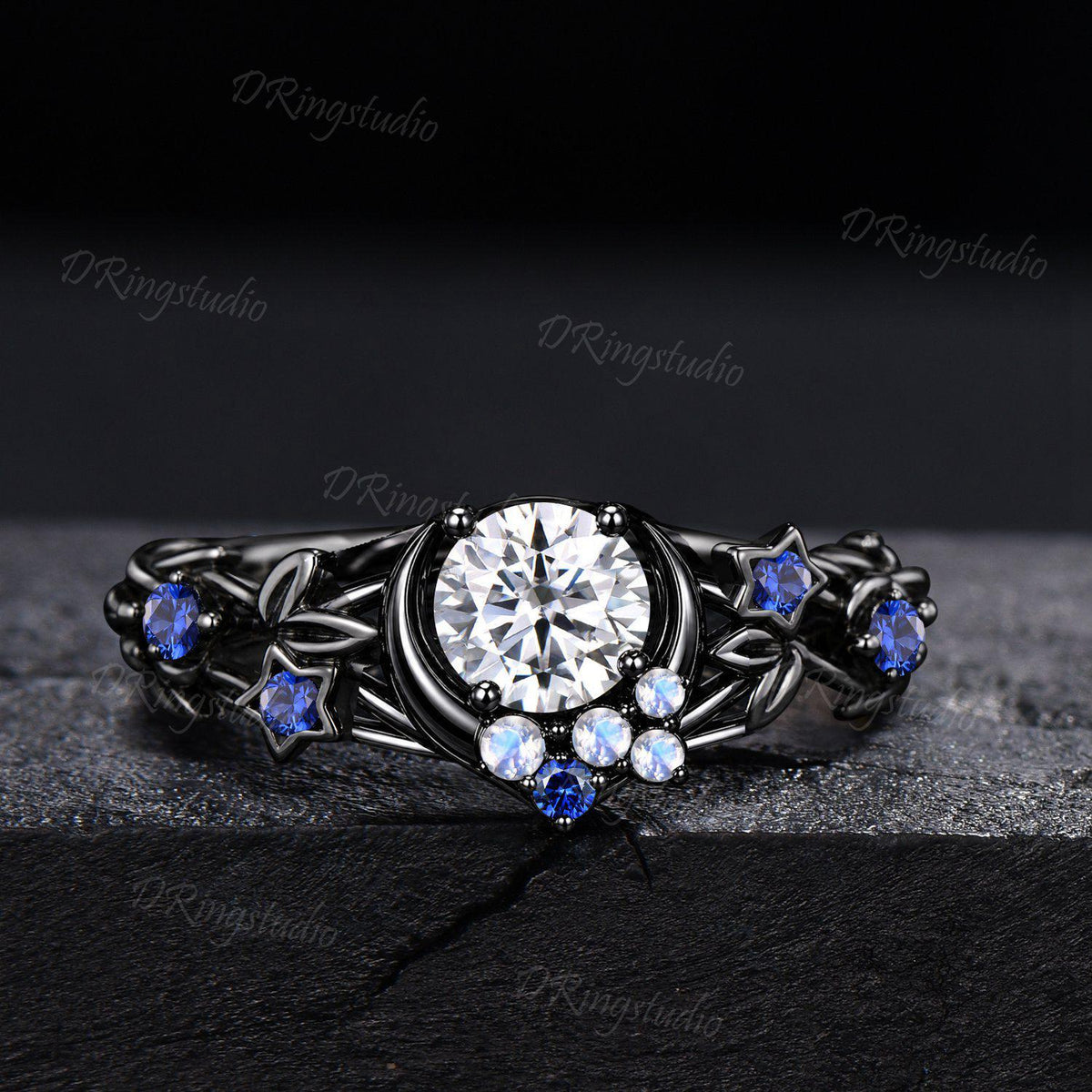 Round Moissanite Black Gold Celestial Crown Engagement Ring Celtic knot Blue Sapphire Moonstone Wedding Ring Black Moon Witchy Ring Set
