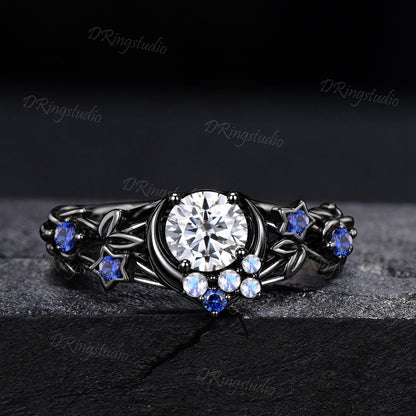 Round Moissanite Black Gold Celestial Crown Engagement Ring Celtic knot Blue Sapphire Moonstone Wedding Ring Black Moon Witchy Ring Set