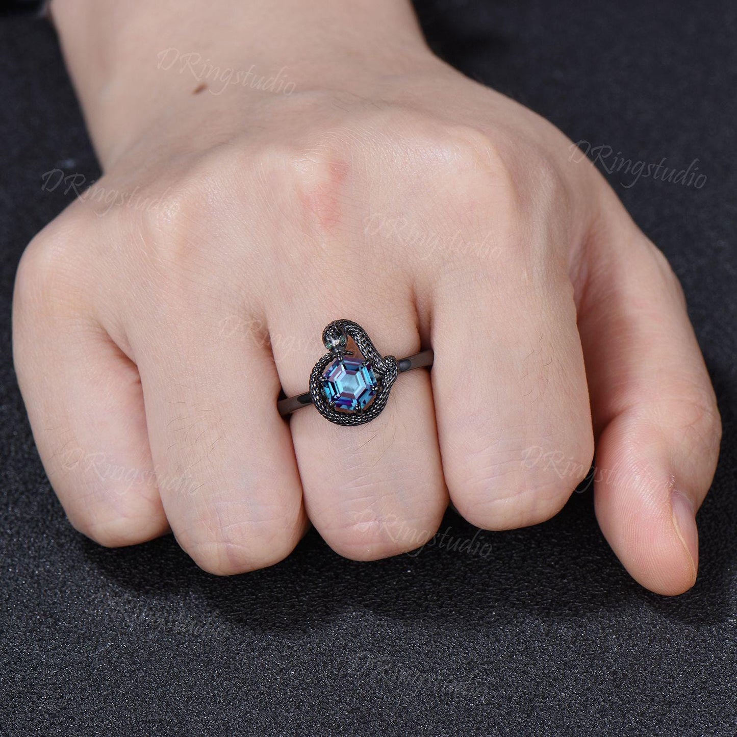 7mm Hexagon Color-Change Alexandrite Snake Engagement Ring Gothic Black Gold Ouroboros Emerald Wedding Ring June Birthstone Proposal Gift