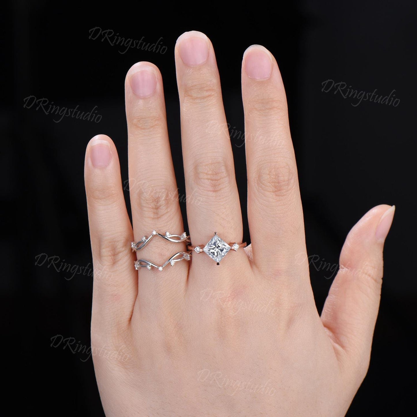 2ct Princess Cut Moissanite Engagement Ring Set Twisted Vine Stackable 14K White Gold Wedding Ring Cluster Moissanite Diamond Bridal Set