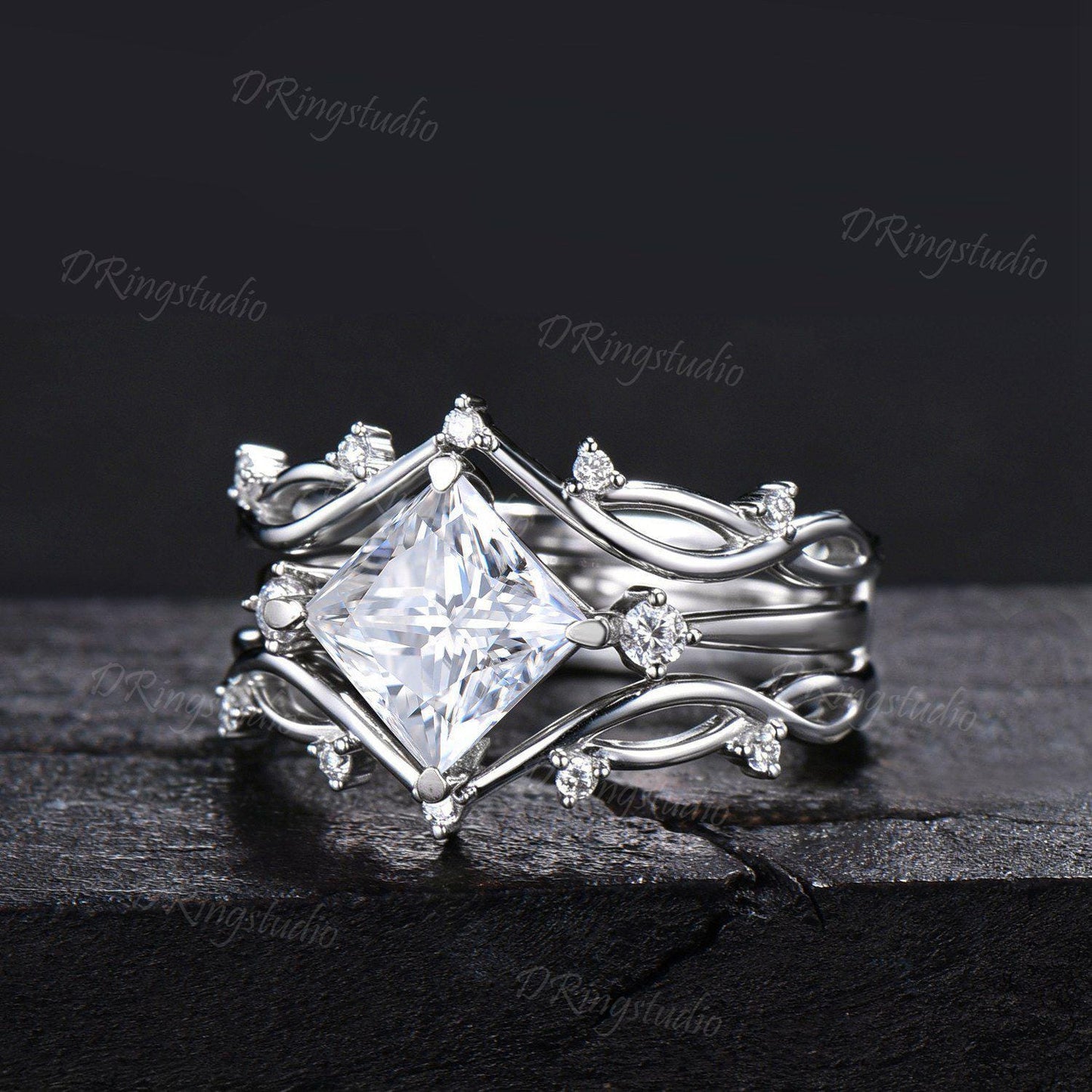 2ct Princess Cut Moissanite Engagement Ring Set Twisted Vine Stackable 14K White Gold Wedding Ring Cluster Moissanite Diamond Bridal Set