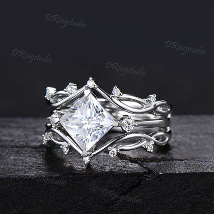 2ct Princess Cut Moissanite Engagement Ring Set Twisted Vine Stackable 14K White Gold Wedding Ring Cluster Moissanite Diamond Bridal Set
