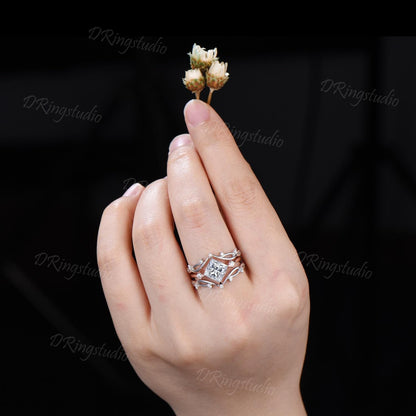 2ct Princess Cut Moissanite Engagement Ring Set Twisted Vine Stackable 14K White Gold Wedding Ring Cluster Moissanite Diamond Bridal Set