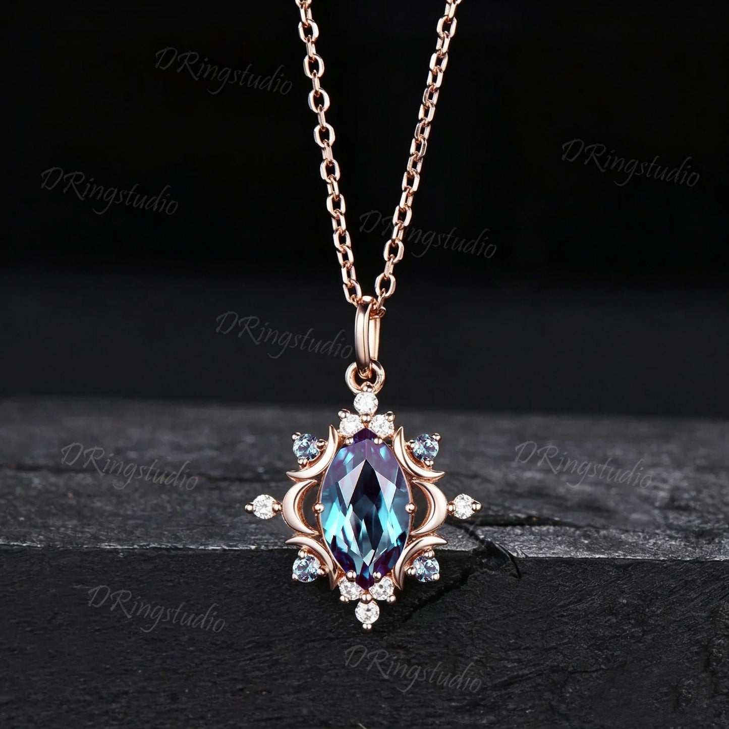 Celestial Moon Marquise Color-Change Alexandrite Necklace Halo Moissanite Rose Gold Wedding Necklace June Birthstone Pendant Promise Gift