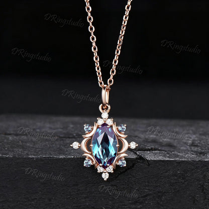 Celestial Moon Marquise Color-Change Alexandrite Necklace Halo Moissanite Rose Gold Wedding Necklace June Birthstone Pendant Promise Gift