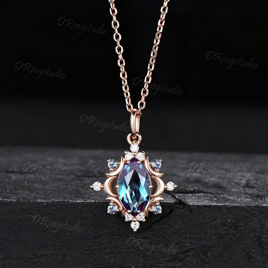 Celestial Moon Marquise Color-Change Alexandrite Necklace Halo Moissanite Rose Gold Wedding Necklace June Birthstone Pendant Promise Gift