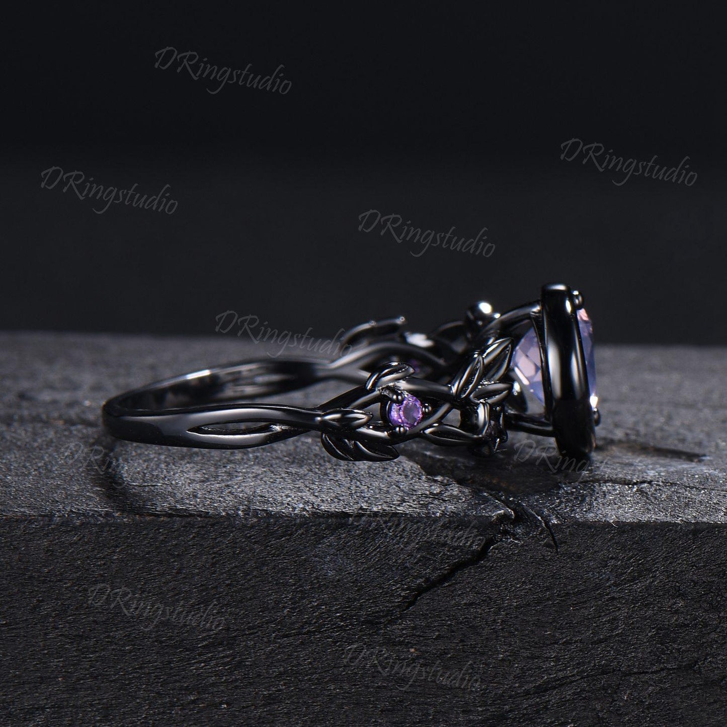 Heart Shaped Lavender Amethyst Engagement Ring Set Black Gold Moon Star Nebula Ring Amethyst Cluster Wedding Ring February Birthstone Ring