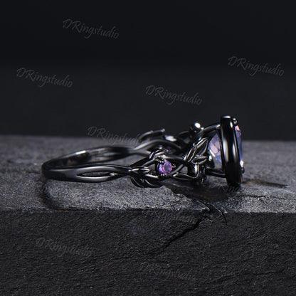 Heart Shaped Lavender Amethyst Engagement Ring Set Black Gold Moon Star Nebula Ring Amethyst Cluster Wedding Ring February Birthstone Ring