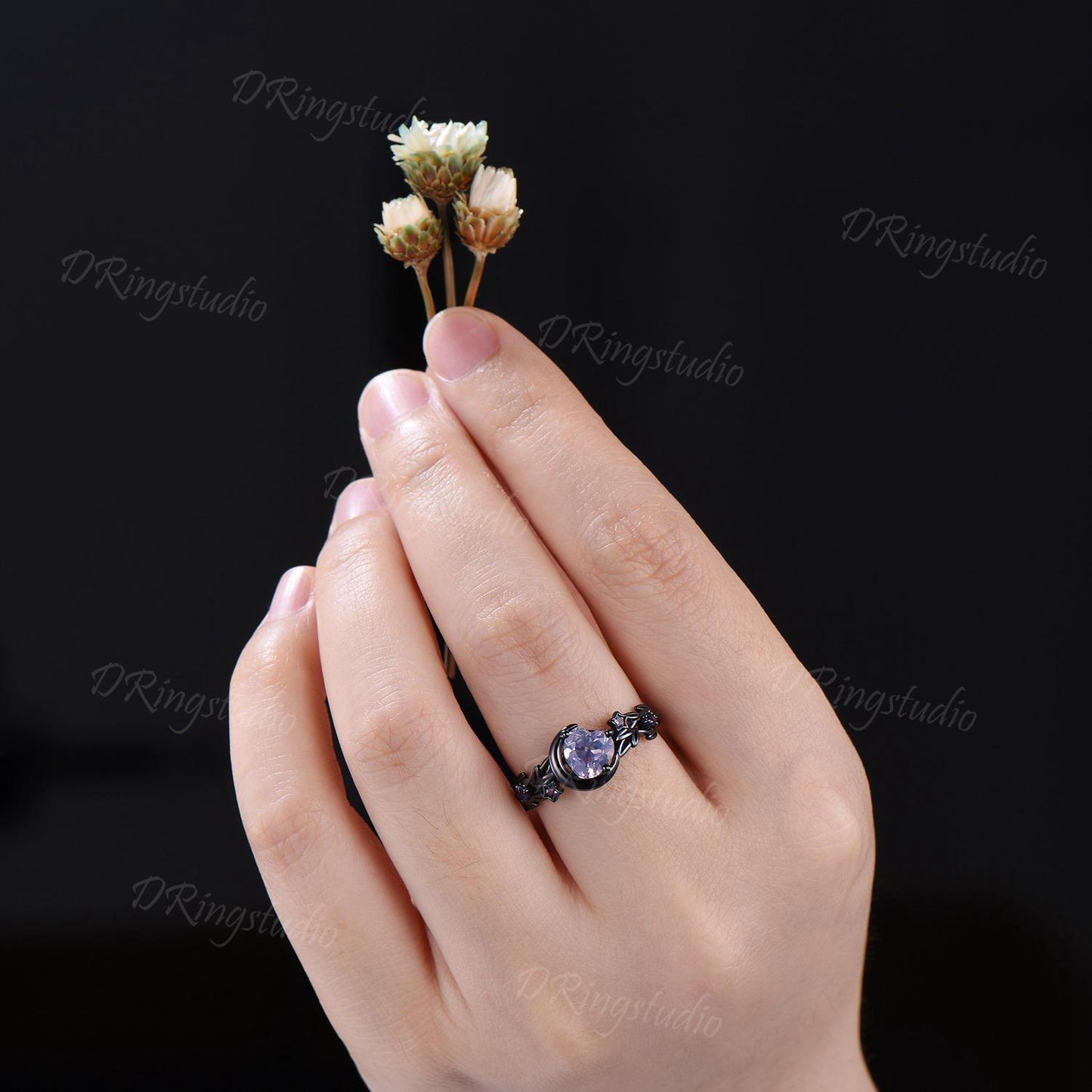 Heart Shaped Lavender Amethyst Engagement Ring Set Black Gold Moon Star Nebula Ring Amethyst Cluster Wedding Ring February Birthstone Ring