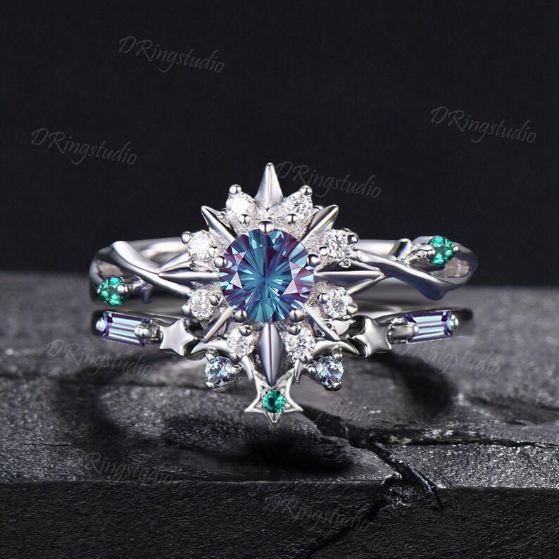 Fireworks Cut Color-Change Alexandrite Solar Halo Engagement Ring Set 14K White Gold Sun Star Emerald Halo Celestial Ring Anniversary Gifts