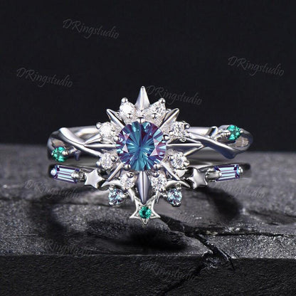 Fireworks Cut Color-Change Alexandrite Solar Halo Engagement Ring Set 14K White Gold Sun Star Emerald Halo Celestial Ring Anniversary Gifts