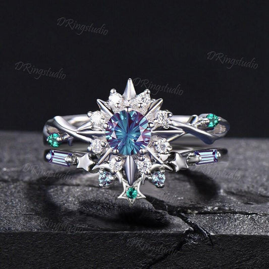 Fireworks Cut Color-Change Alexandrite Solar Halo Engagement Ring Set 14K White Gold Sun Star Emerald Halo Celestial Ring Anniversary Gifts