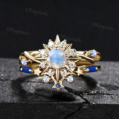 Round Cut Natural Labradorite Engagement Ring Set My Sun and Stars Galaxy Bridal Ring 14K White Gold Moissanite Sapphire Halo Ring