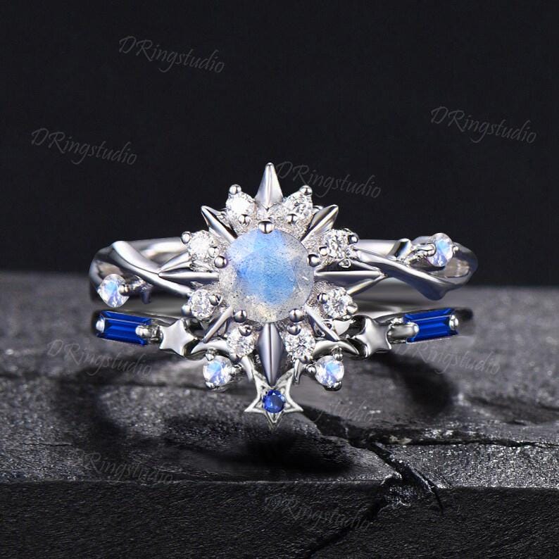 Round Cut Natural Labradorite Engagement Ring Set My Sun and Stars Galaxy Bridal Ring 14K White Gold Moissanite Sapphire Halo Ring