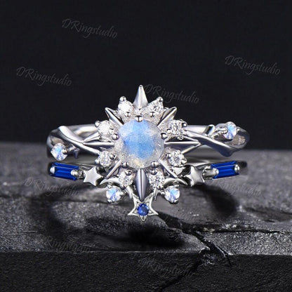 Round Cut Natural Labradorite Engagement Ring Set My Sun and Stars Galaxy Bridal Ring 14K White Gold Moissanite Sapphire Halo Ring