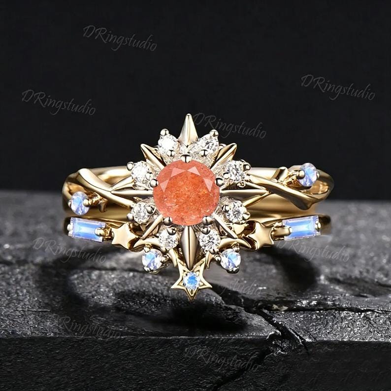 Natural Sunstone Round Engagement Ring Set Solid Gold Celestial Sun And Star Birdal Ring Halo Moissanite Moonstone Promise Ring For Her