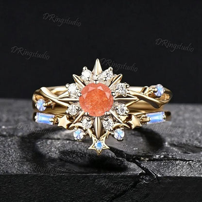 Natural Sunstone Round Engagement Ring Set Solid Gold Celestial Sun And Star Birdal Ring Halo Moissanite Moonstone Promise Ring For Her