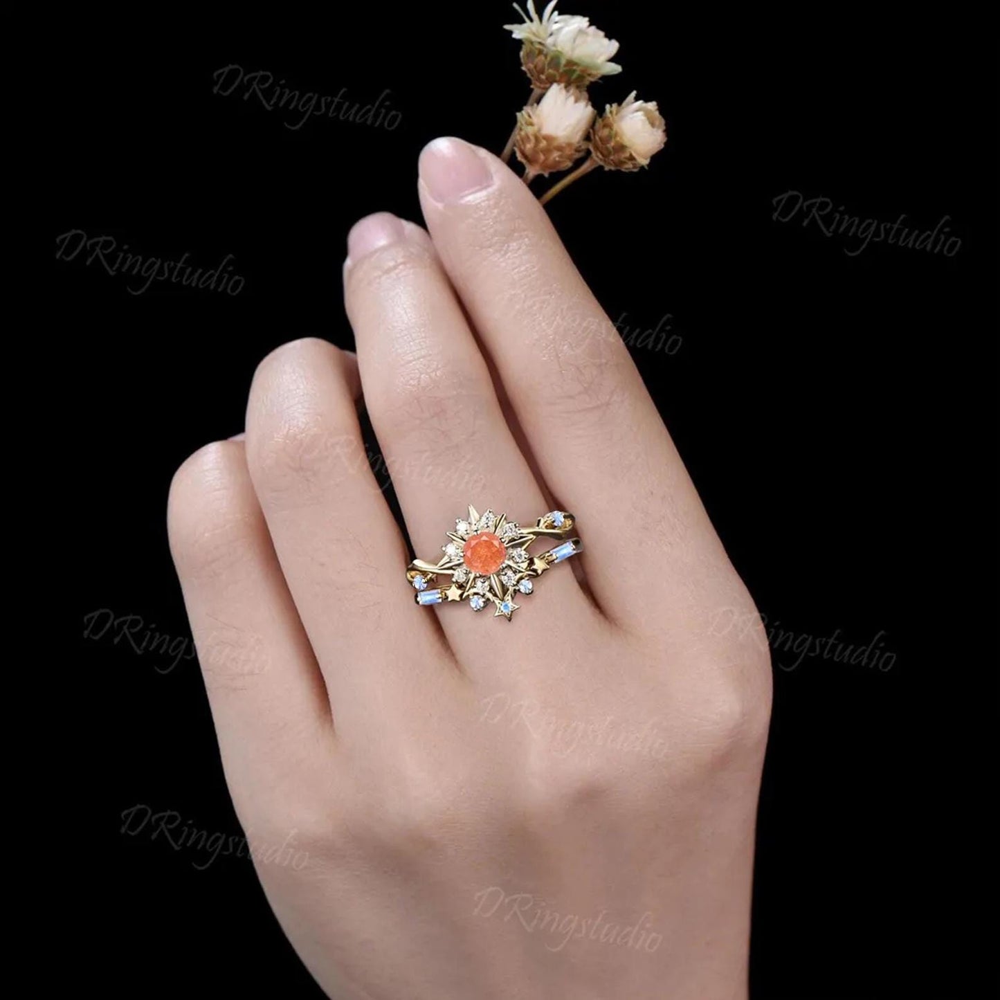 Natural Sunstone Round Engagement Ring Set Solid Gold Celestial Sun And Star Birdal Ring Halo Moissanite Moonstone Promise Ring For Her