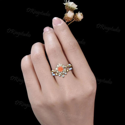 Natural Sunstone Round Engagement Ring Set Solid Gold Celestial Sun And Star Birdal Ring Halo Moissanite Moonstone Promise Ring For Her