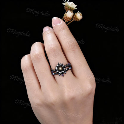 Solar Halo Round Black Star Sapphire Engagement Ring Gothic Black Gold Sun And Moon Ring Set Twig Vine Star Alexandrite Amethyst Bridal Ring