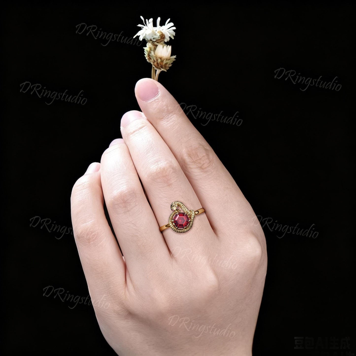 Unique Hexagon Cut Ruby Engagement Ring Ouroboros Golden Snake Ring Nature Inspired Red Ruby Wedding Ring Statement Jewelry Women's Gift