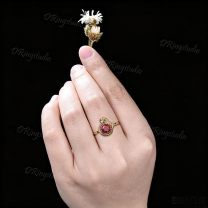 Unique Hexagon Cut Ruby Engagement Ring Ouroboros Golden Snake Ring Nature Inspired Red Ruby Wedding Ring Statement Jewelry Women's Gift