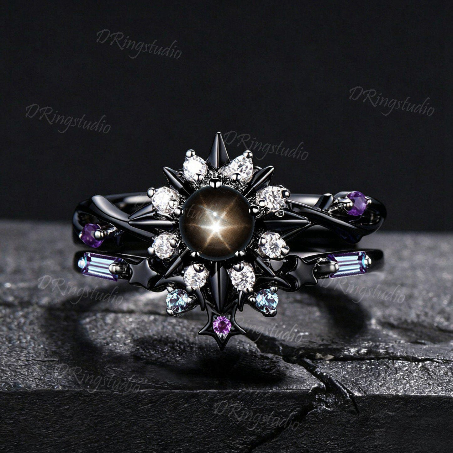 Solar Halo Round Black Star Sapphire Engagement Ring Gothic Black Gold Sun And Moon Ring Set Twig Vine Star Alexandrite Amethyst Bridal Ring