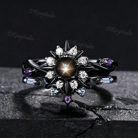 Solar Halo Round Black Star Sapphire Engagement Ring Gothic Black Gold Sun And Moon Ring Set Twig Vine Star Alexandrite Amethyst Bridal Ring