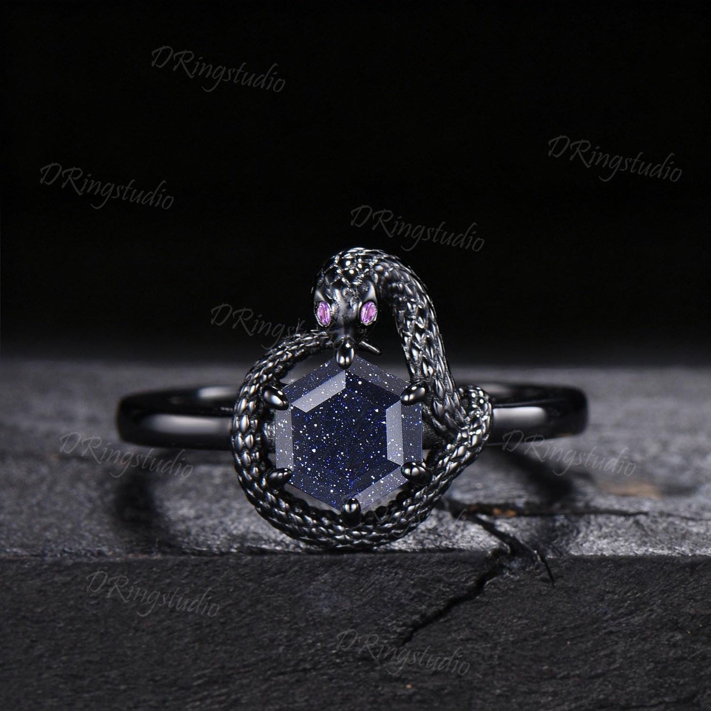 Black Gold Hexagon Blue Sandstone Snake Ring Snake Eating Tail Ouroboros Bridal Ring Galaxy Blue Goldstone Amethyst Witchy Ring Promise Gift