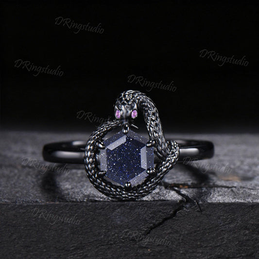 Black Gold Hexagon Blue Sandstone Snake Ring Snake Eating Tail Ouroboros Bridal Ring Galaxy Blue Goldstone Amethyst Witchy Ring Promise Gift