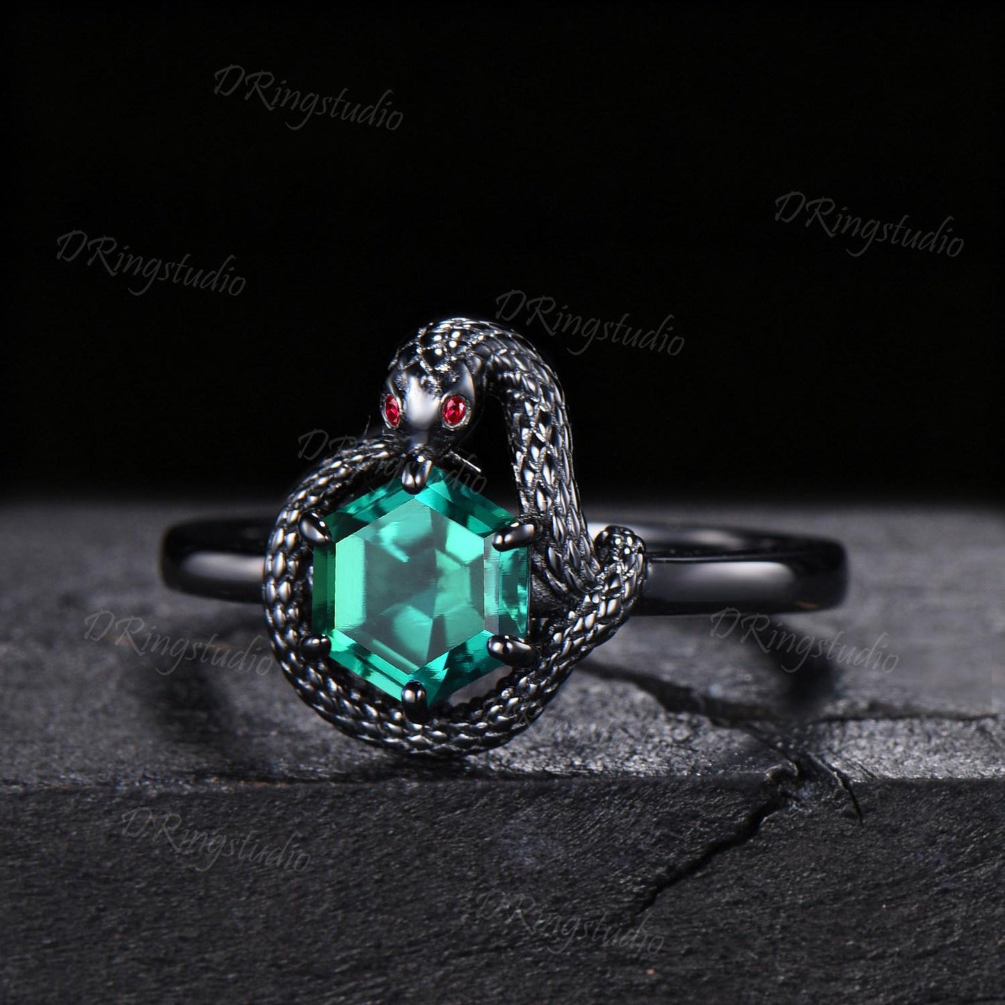 Nature Inspired Emerald Snake Wedding Ring 14K Rose Gold Ruby Eyes Serpent Engagement Ring Hexagon Green Gemstone Ouroboros Ring For Her