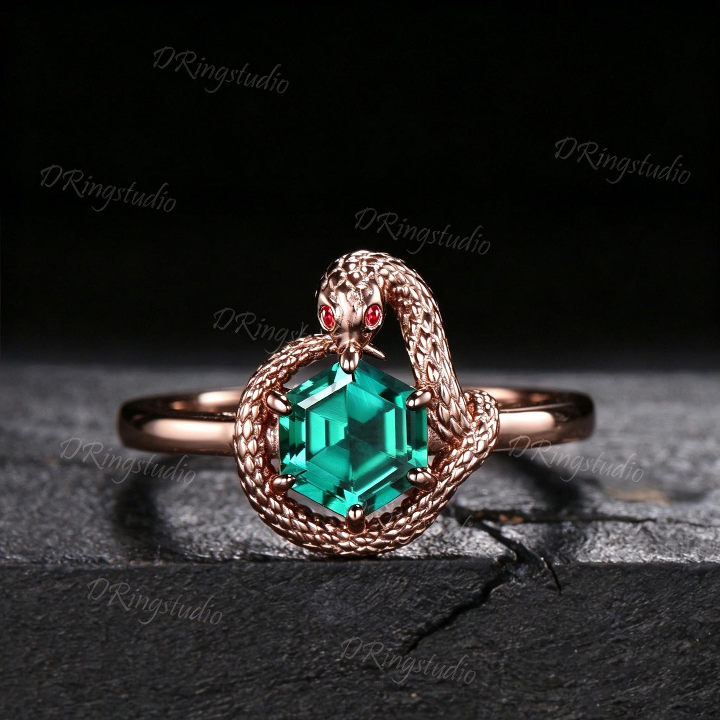 Nature Inspired Emerald Snake Wedding Ring 14K Rose Gold Ruby Eyes Serpent Engagement Ring Hexagon Green Gemstone Ouroboros Ring For Her