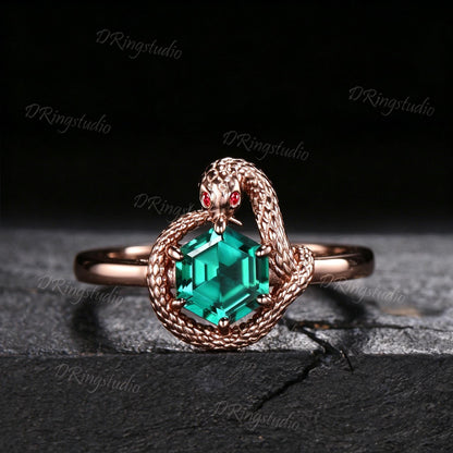 Nature Inspired Emerald Snake Wedding Ring 14K Rose Gold Ruby Eyes Serpent Engagement Ring Hexagon Green Gemstone Ouroboros Ring For Her