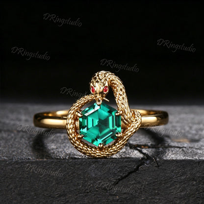 Nature Inspired Emerald Snake Wedding Ring 14K Rose Gold Ruby Eyes Serpent Engagement Ring Hexagon Green Gemstone Ouroboros Ring For Her