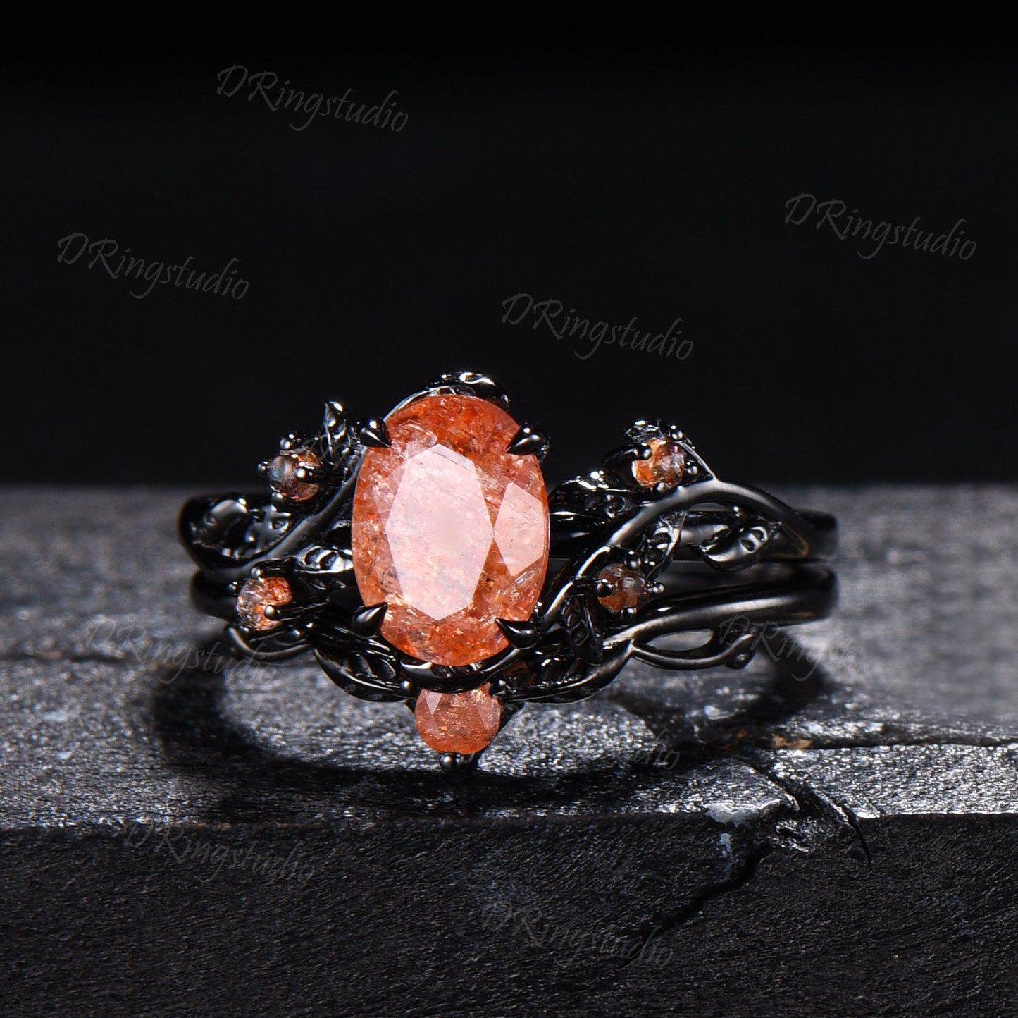 1.5ct Oval Natural Sunstone Engagement Ring Set Gothic Black Gold Leaf Vine Orange Promise Ring Golden Sunstone Cluster Ring Gift for Women