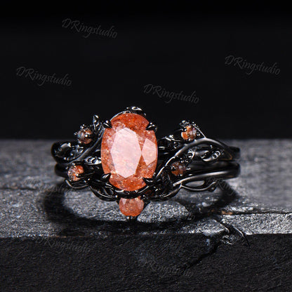 1.5ct Oval Natural Sunstone Engagement Ring Set Gothic Black Gold Leaf Vine Orange Promise Ring Golden Sunstone Cluster Ring Gift for Women
