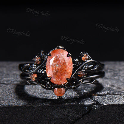 1.5ct Oval Natural Sunstone Engagement Ring Set Gothic Black Gold Leaf Vine Orange Promise Ring Golden Sunstone Cluster Ring Gift for Women